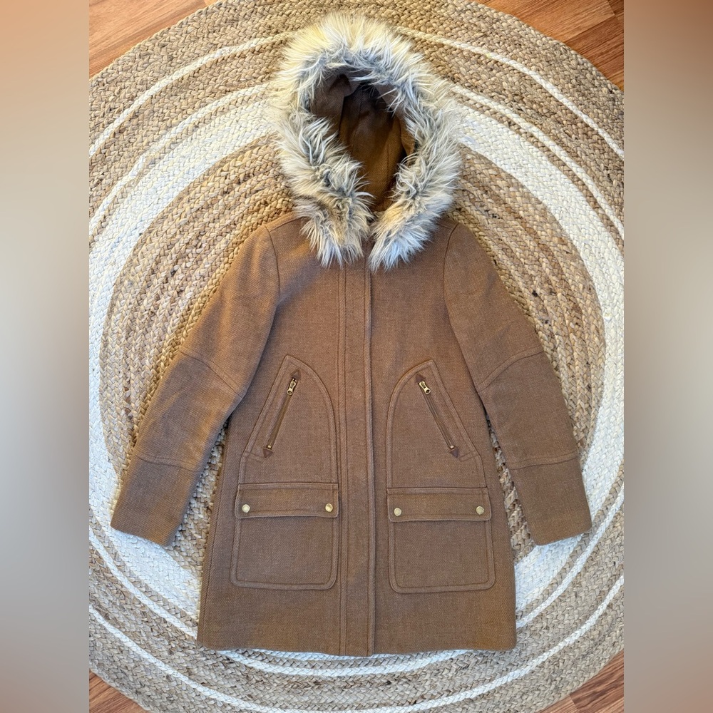 JCrew Chateau Parka Italian Stadium Cloth Wool Acorn 4 Tall A-Line Faux Fur Hood